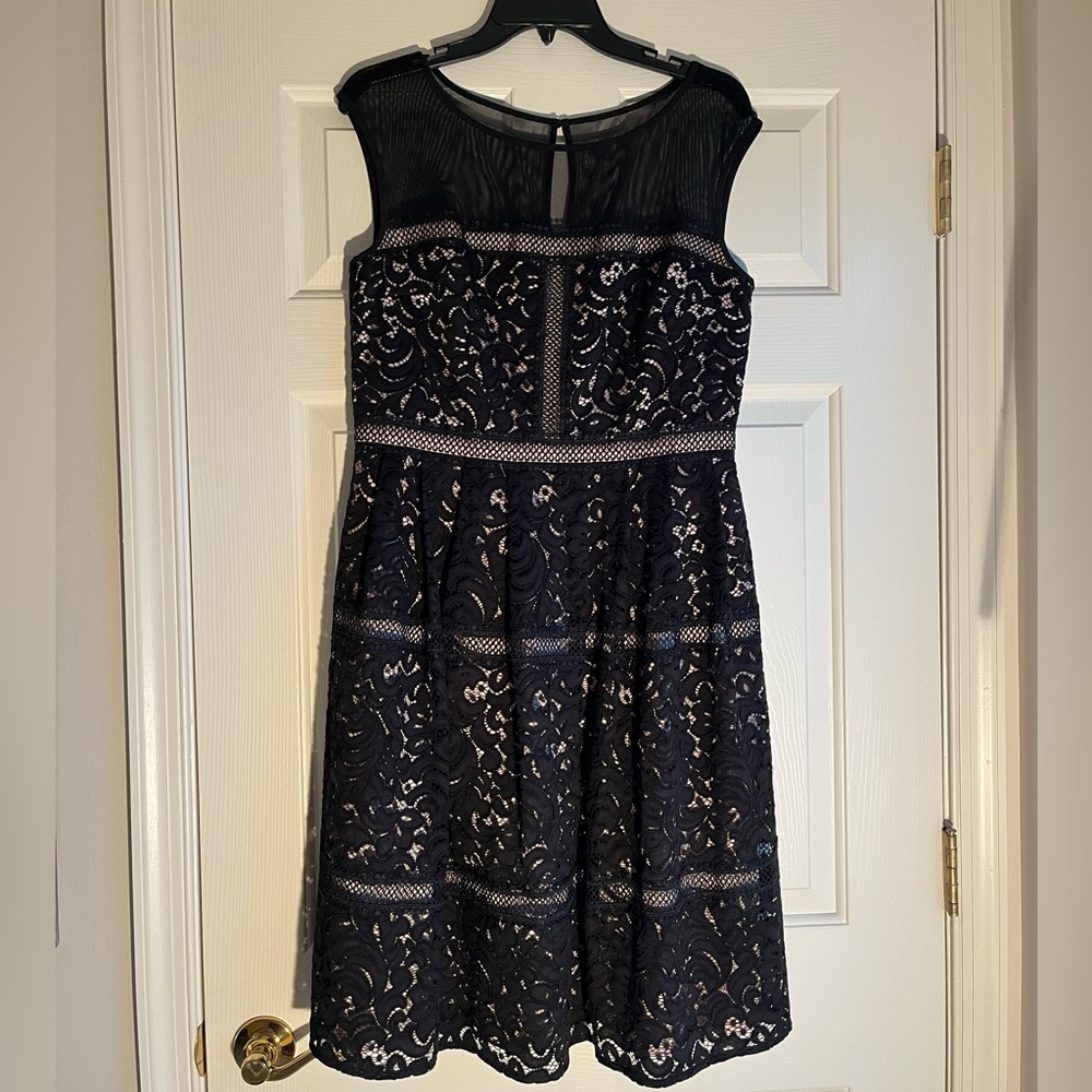Eliza J Black Lace Fit & Flare Dress Pleated Waist Black Sz 12